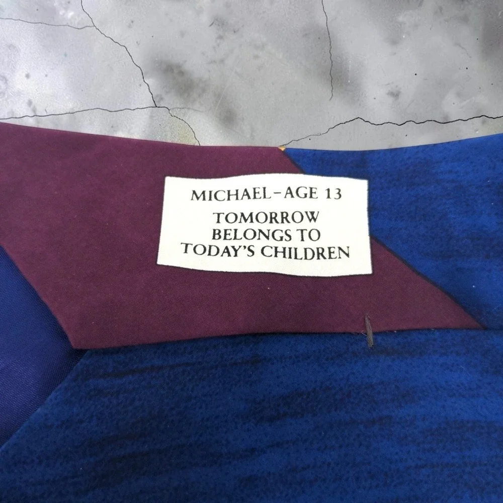 VTG Save the Children Silk Tie World Map Stars Michael Age 13 Blue Purple Mens